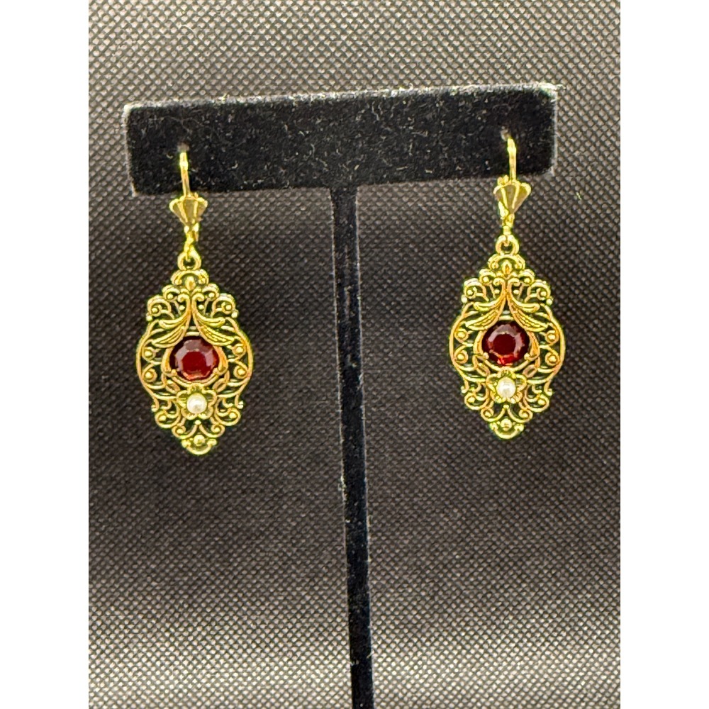 Vintage Gold Filigree Red Faux Ruby Pearl Drop Leverback Earrings